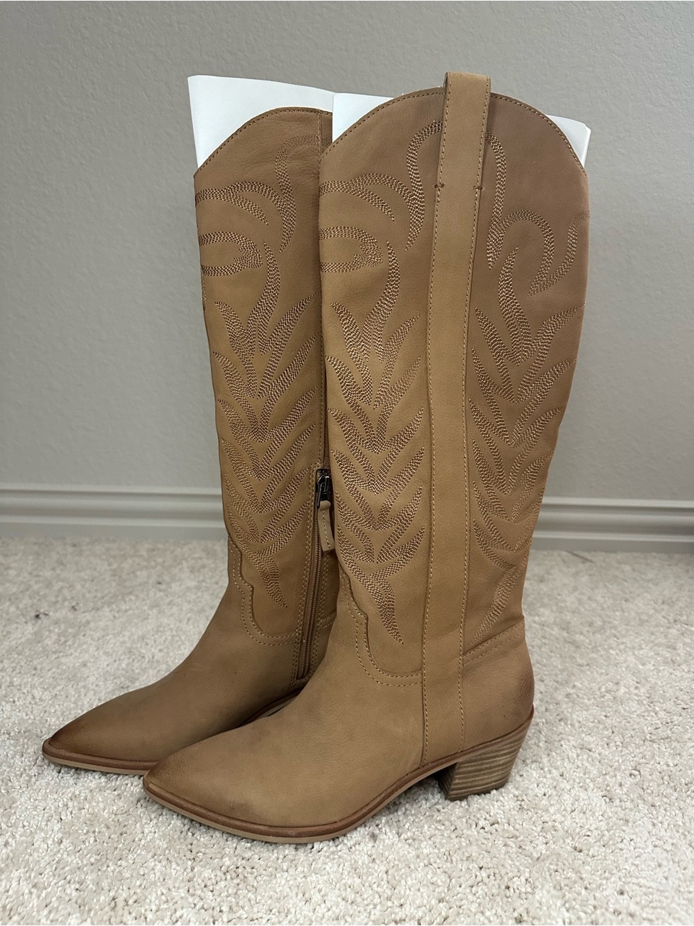 Dolce Vita Tan Knee-High Western Heeled Boots